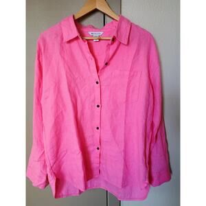 Athleta 100% Linen button down shirt long sleeve pink Barbie core beachy coastal